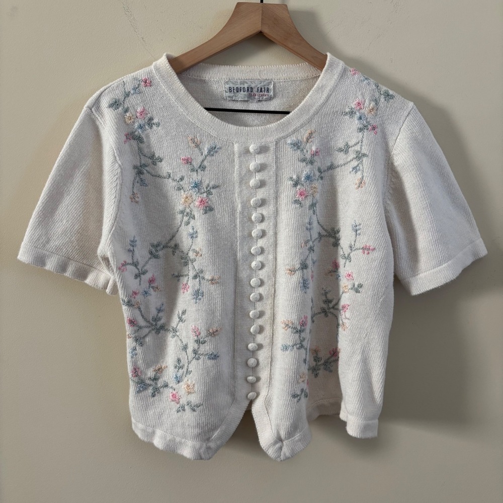 Bedford Fair Floral Embroidered Short Sleeve Cardigan Sweater Cream White